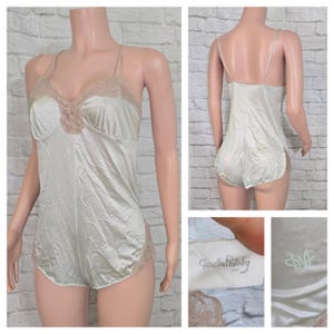 80s Diane Von Furstenberg Romper Teddy, Bodysuit, Sheer Lace, Nylon Silky, Lingerie Slip shorts, Pale Green