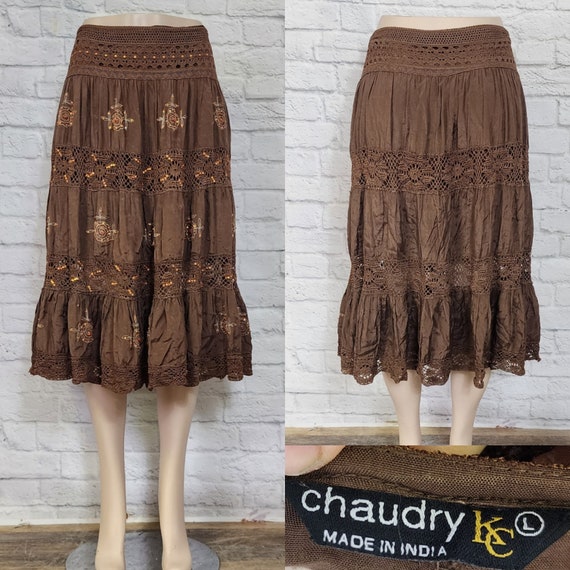 Y2K 90s Skirt, brown beaded flared maxi ruffle ti… - image 1