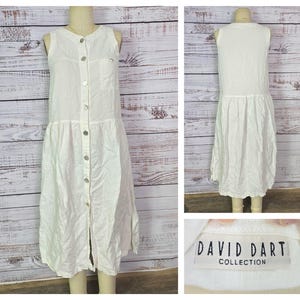 90s Linen Dress, drop waist, Off-white Shell Button, sleeveless Classic Summer natural fiber, Minimalist loose boxy maxi length David Dart