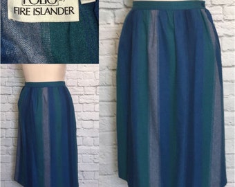 70/80s Wool Skirt Blue Green Stripe Academia pockets high waist 32 Twee skirt Preppy