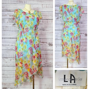 90s Y2K Bias Cut Slip Dress, Spring Blue pink floral, midi asymmetrical skirt, Wedding Guest, plus size Volup 1XL 18