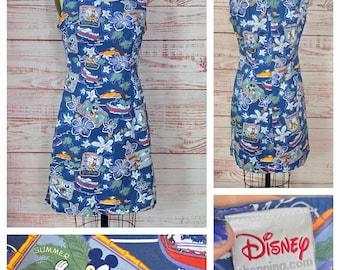 Disney Hawaiian Dress, cotton sleeveless shift dress. Blue Floral vacation,mickey minie Donald goofy print
