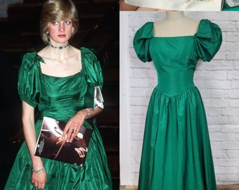 80s Green Prom Dress, Puff Sleeve, Bridesmaid V waist, Fit Flare, taffeta maxi Midi Princess Diana Vibes