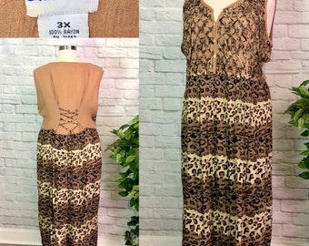 3xl Plus Size 90s Animal Print Babydoll Dress Open work Faux vest rayon short  flowy black brown  boho cat print