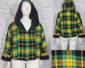 Y2K Plaid Jacket, Green Yellow Plaid Fleece, Hooded Crop, Daisy