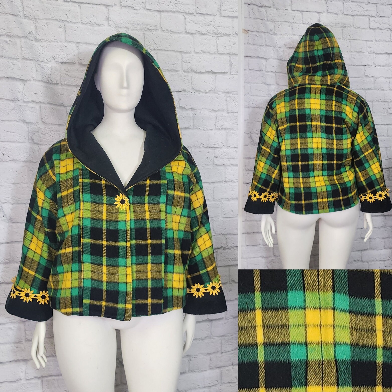 Y2K Plaid Jacket, Green Yellow Plaid Fleece, Hooded Crop, Daisy