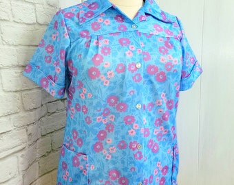 70s/80s Button front shirt Blouse Short Sleeves Plus Size Pink Blue Purple floral Pockets