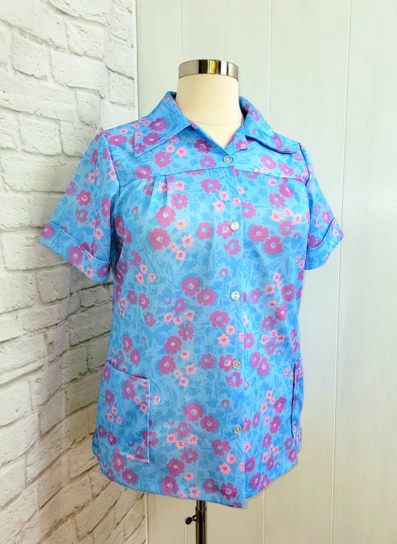 70s/80s Button front shirt Blouse Short Sleeves P… - image 5