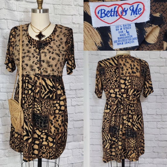 90s Dress, Animal Big cat Print Babydoll, Faux ve… - image 1