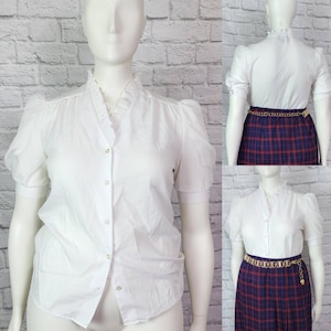 80s Secretary Blouse, White pleated ruffle Collar, Button up, short puff Sleeve, professional shirt vintage retro