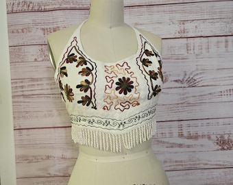 Y2K Hippi Halter crop top embroidered tassel fringe, Tie back