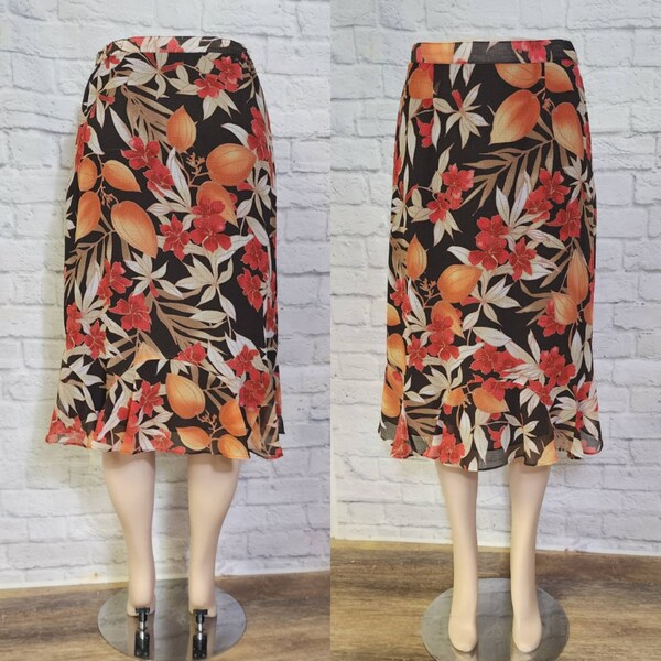 90s Chiffon midi Skirt Midi red Brown Orange Floral paisley Print Small, below the knee ruffle aline casual comfortable