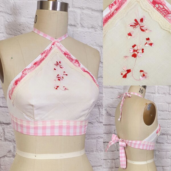Handmade halter top, Boho Festival, Vintage Hanky handkerchief, Pink Red Floral embroidery Gingham, one of a kind, Upcycled