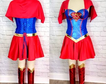 Pinup Costume Super Woman Halloween Super hero Girl Costume Blue Red Bustier Corset cape Boot covers Skirt- Size Medium Large