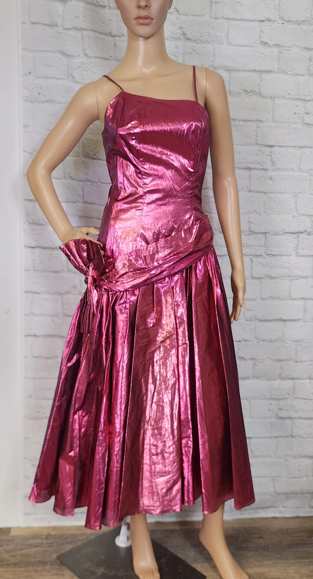 80s Prom, Pink Fuschia Lame, Drop Waist, Dress Rocker Jem Metallic Bow ...