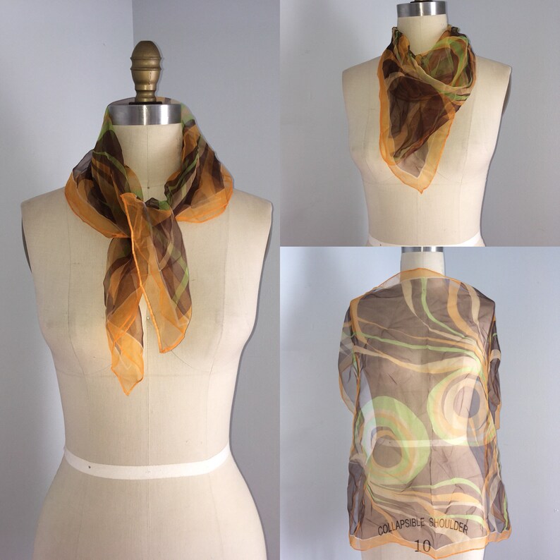 60s 70s sheer Orange Brown Green Scarf neck Hair Tie