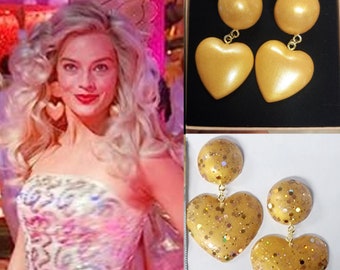 Gold Heart Earrings Disco Barb 70s/80s Style Puffy puff dome hearts Cosplay Halloween Costume, Margot Movie Barbra Fashion Doll Gift