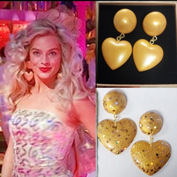 Gold Heart Earrings Disco Barb 70s/80s Style Puffy puff dome hearts Cosplay Halloween Costume, Margot Movie Barbra Fashion Doll Gift