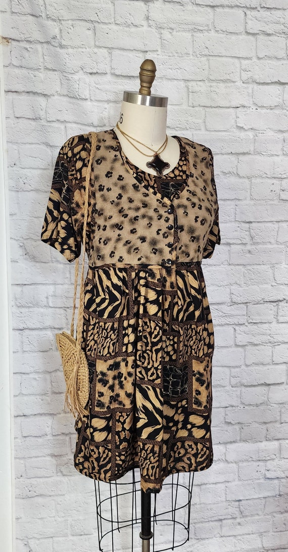 90s Dress, Animal Big cat Print Babydoll, Faux ve… - image 5