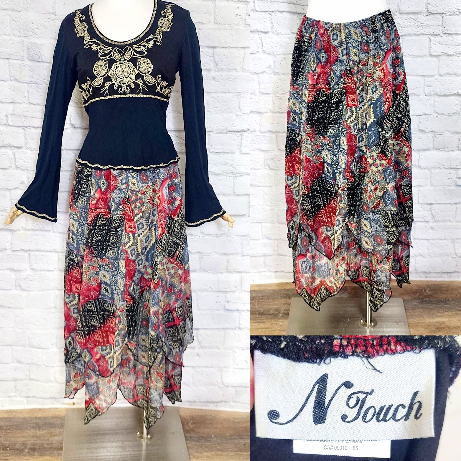 Y2k/90s Skirt, Chiffon Hanky Hem, Patchwork, Flared Maxi