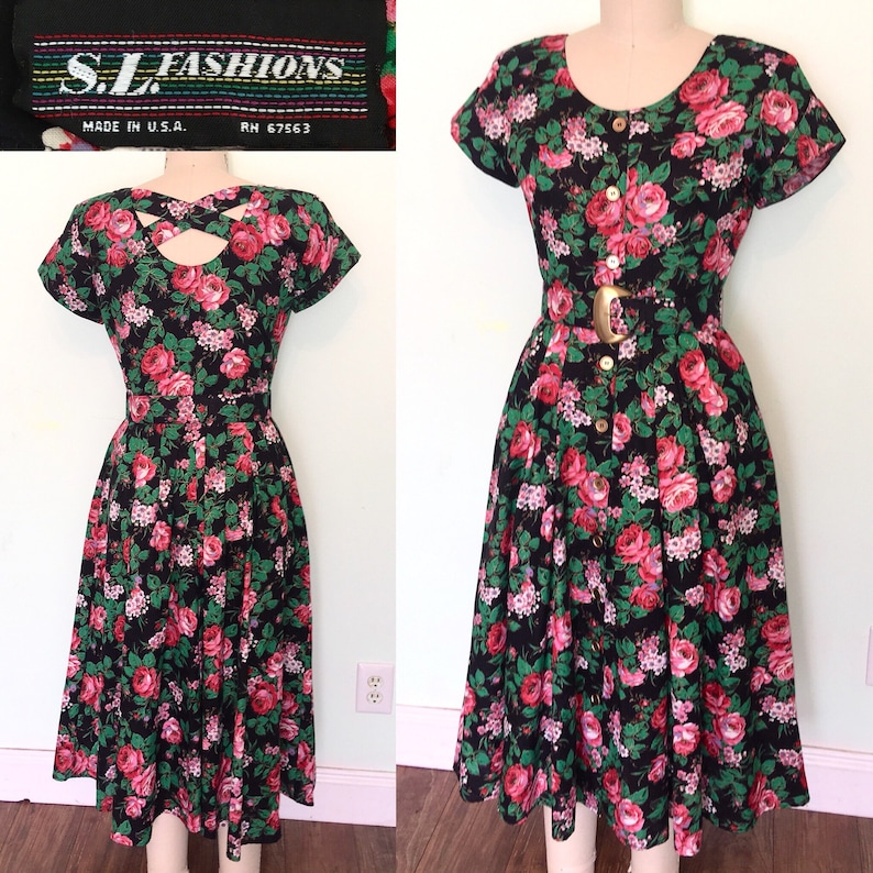 1980s does 1950s Floral Shirtwaist Black Nancy Stranger Things Rose Print button front Cutout Open Back Short Sleeve Size 10 large