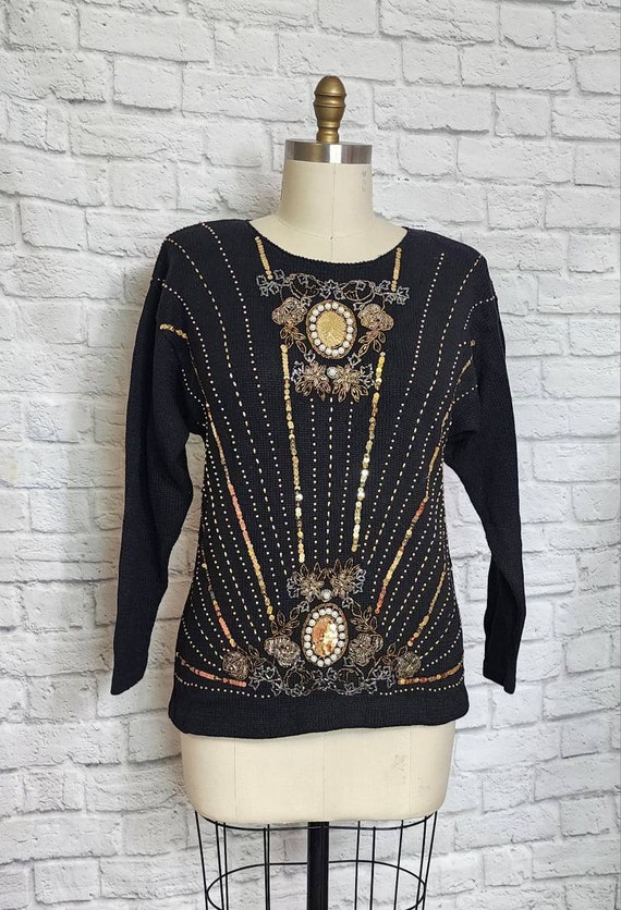 80s Sweater, Black Gold, 1980s Pullover, beaded S… - image 5