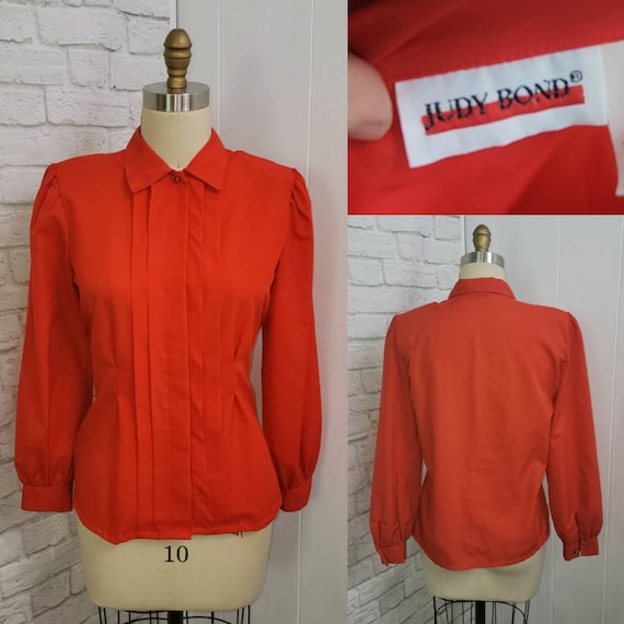 vintage 1970s Red Blouse, Pleated front, Long Sle… - image 1