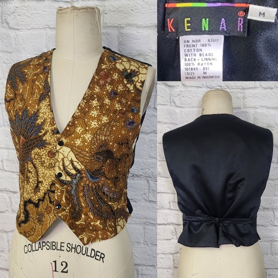 90s Beaded Waistcoat Vest Floral Gold Cord pearl … - image 1