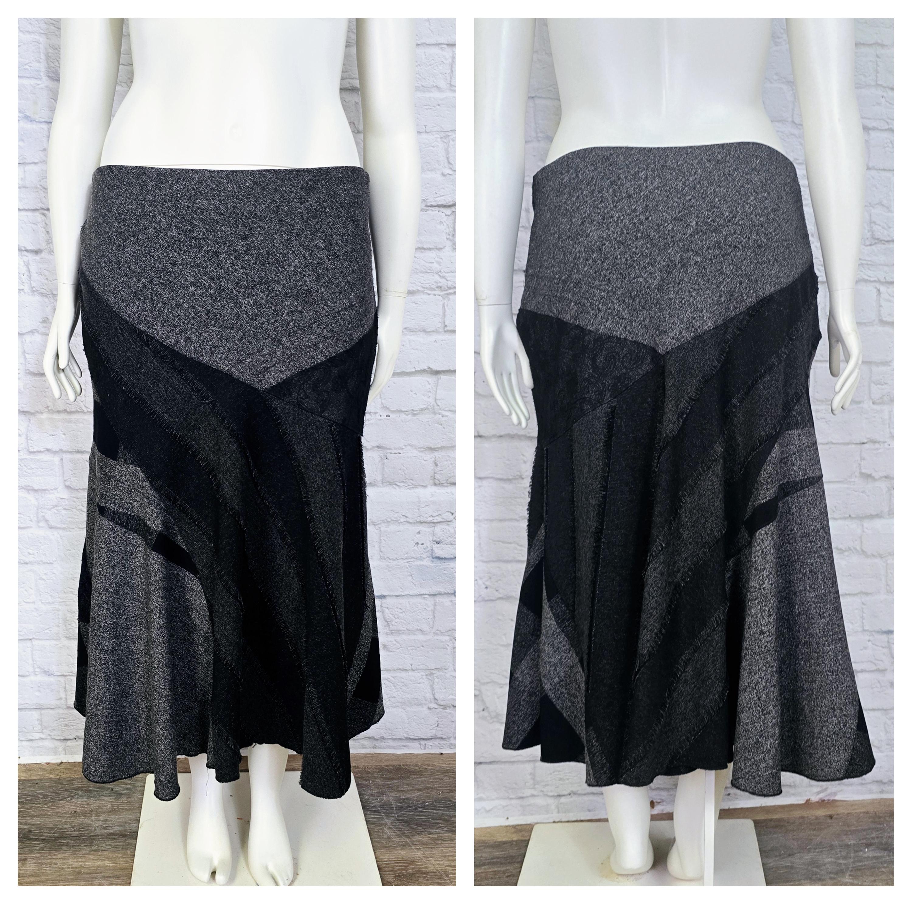 SZ XL Skirt Y2K Bias Cut Patchwork Tweed A Line Academia Preppy Gray Black Etsy