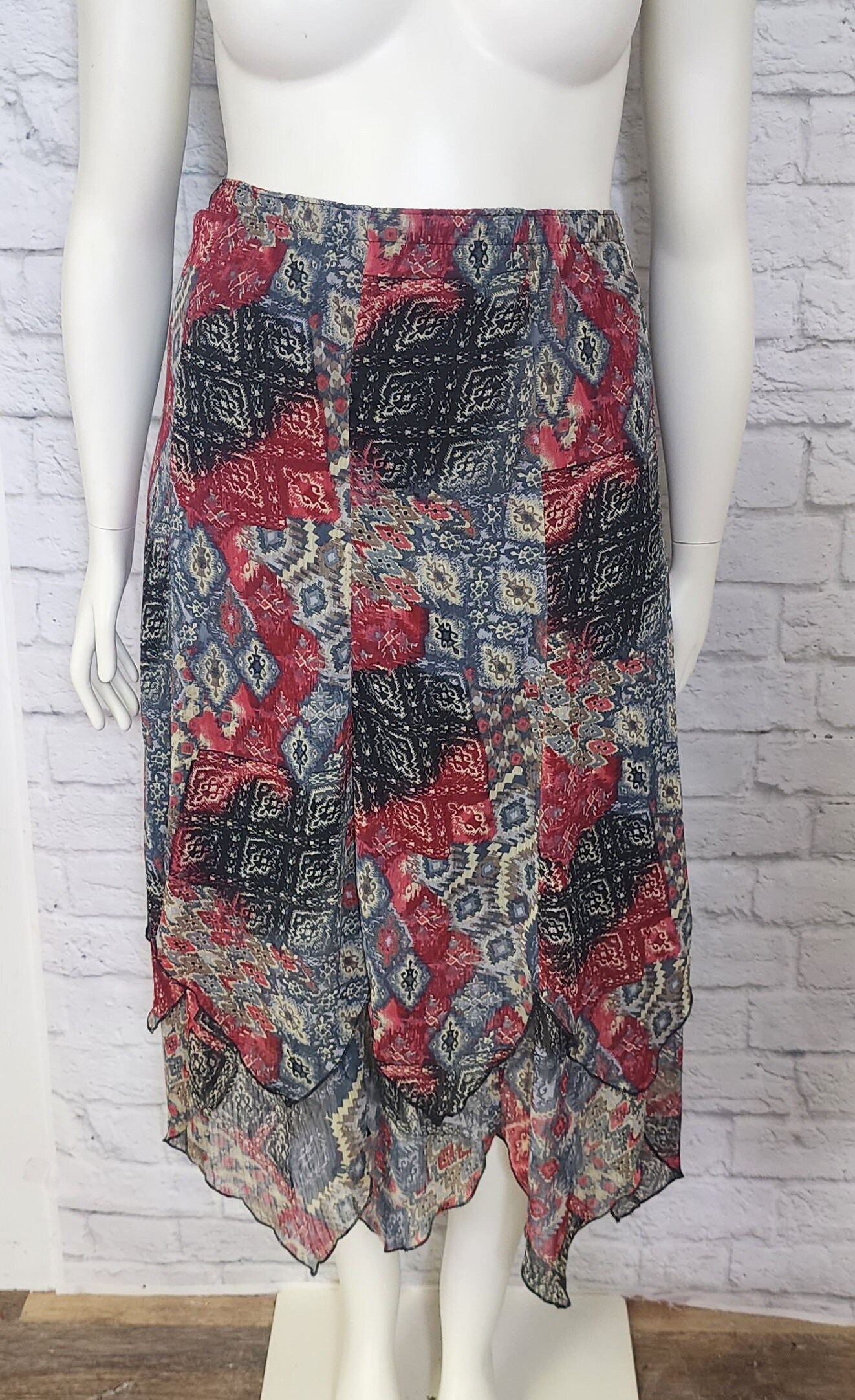 Y2k/90s Skirt, Chiffon Hanky Hem, Patchwork, Flared Maxi