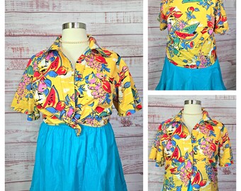 90s Fruit Camp Shirt, yellow, Button up Short Sleeves size Large XL