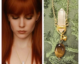 Collar con colgante de cuarzo cristal dorado, ojo de tigre, delicado y prácticamente mágico, estilo años 90, ideal para cosplay, regalo de bruja, chapado en oro de 18 quilates.