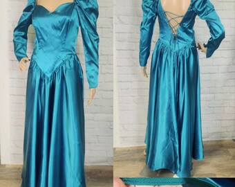 80s Dress Satin Teal green Prom bridesmaids, Puff long sleeves, low v Open Lace up Back 1980s  party dress