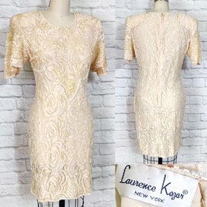 Vestido estilo charlestón de los años 80 con cuentas y flecos de lentejuelas en color marfil melocotón - Laurence Lazar - Gatsby de los años 80 con estilo años 20
