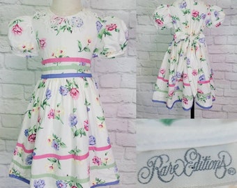 80s/90s Girls size 5 Floral Dress Puff sleeves pink ivory Cottagecore childs toddler