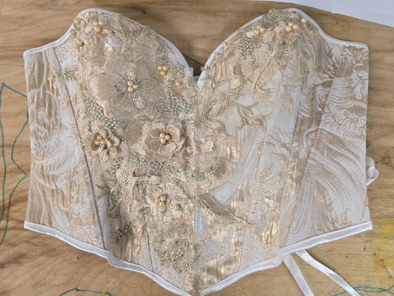 BOVERA Flower Motif Bustier［ivory］ Overbust Corset, Gold White Floral Brocade, Corset Waist Cincher