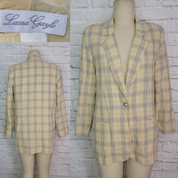90s Pastel yellow plaid blazer oversized Large soft g… Gem
