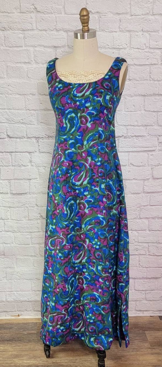 60s 70s Dress, Long maxi, psychedelic blue purple… - image 4