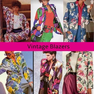 Peut inclure: Un collage de cinq blazers vintage à fleurs dans différentes couleurs et motifs. Les blazers sont tous de style classique avec une fermeture simple boutonnage et des revers. Les motifs comprennent de grands imprimés floraux, des motifs abstraits et des formes géométriques. Les blazers sont un excellent exemple des tendances de la mode des années 1980.