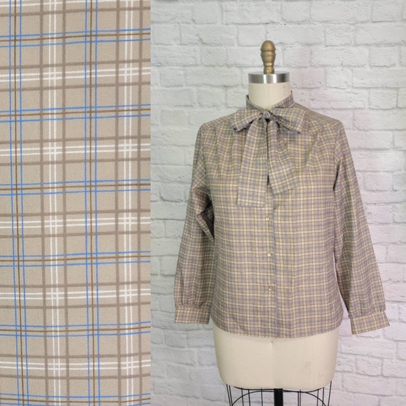 70s Plaid Bow Collar Blouse Long Sleeve Button Front Secretary shirt Top Medium professional shirt neutral plaid vintage retro blouse