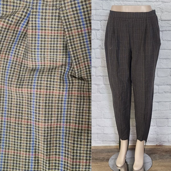 80s/90s Stirrup Pants, Riding trousers, Pleated front, elastic boot loops, Plaid olive green brown blue maroon mini Houndstooth, high waist