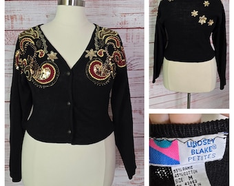 80s Knit Sweater crop Cardigan black Gold Burgundy, sequin appliques gold glitter