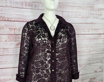 Y2K burn-out velvet chiffon Blouse, collar, witchy vibes, whimsigoth Maroon-purple