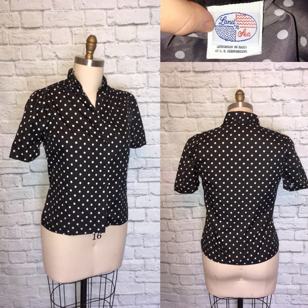1970s does 40s Blouse Top Shirt, Black White Polkadot Short Sleeve Secretary Pinup 70s does 50s Size  L Large