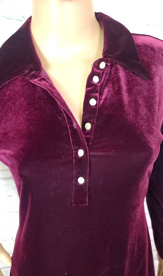 Small 90s wine shirt Dress Stretch Velvet A Line … - image 5