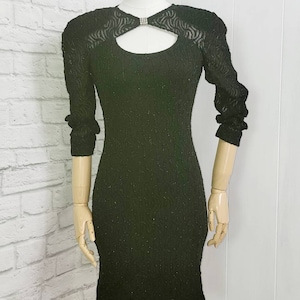 Vintage80s/90s Bodycon Dress Keyhole, Gothic Witchy black eyelash lace Knit Dress Size small mini Mob Wife