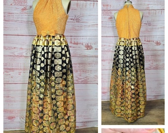 60s Lurex paisley Dress Maxi Orange Gliter, mock neck Party prom