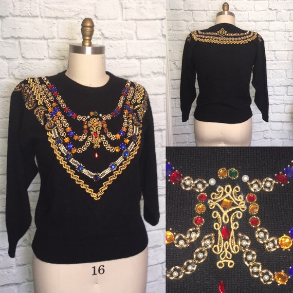 90s embellished Sweater jewel rhinestone embroider