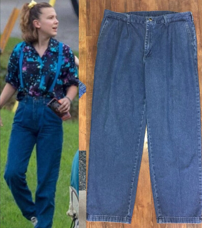 80s Pleated High waist Mom Jeans Medium Dark Wash Stranger things pants Plus Size 36x 30 Elle Eleven Costume