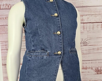 Denim Vest, long button front, medium blue, sleeveless blazer